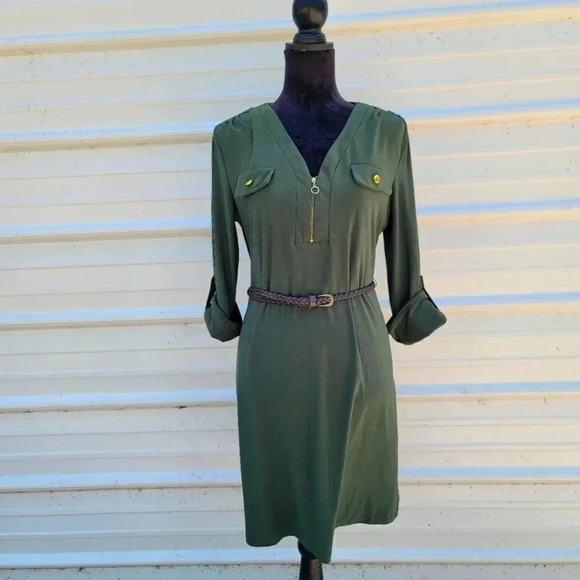 Soho Apparl Tunic Shift Convertible Sleeve Dress Green Stretch Belted Petite L - Picture 1 of 9